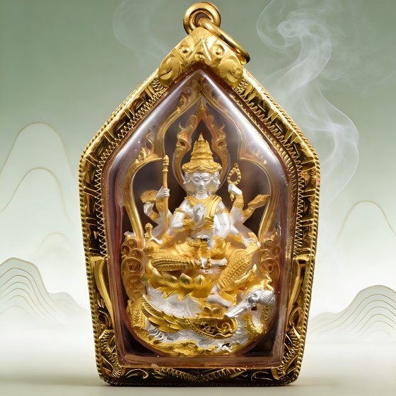 Authentic Thai amulet, Four-Faced Buddha riding an elephant, Luang Phor Chan Nam 2561 BE (Buddhist Era) edition by various masters.